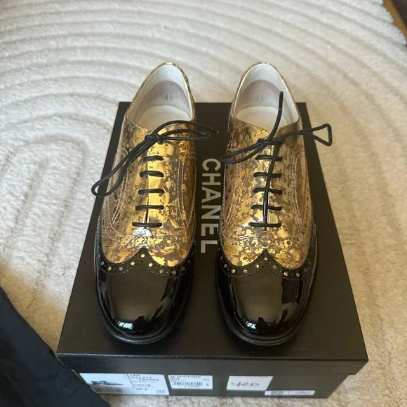 CHANEL Women’s Gold and Black Oxford Shoes - Picture 13 of 14